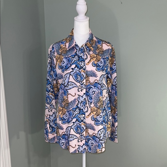 Matching Linen/cotton Shirt & Wide Leg Pant- Blue and Gold Animal Print 2 pieces - Picture 1 of 16